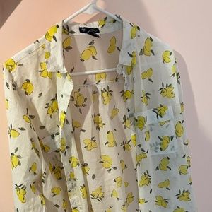 Boyfriend Fit Long Sleeve Shirt with Lemon Pattern